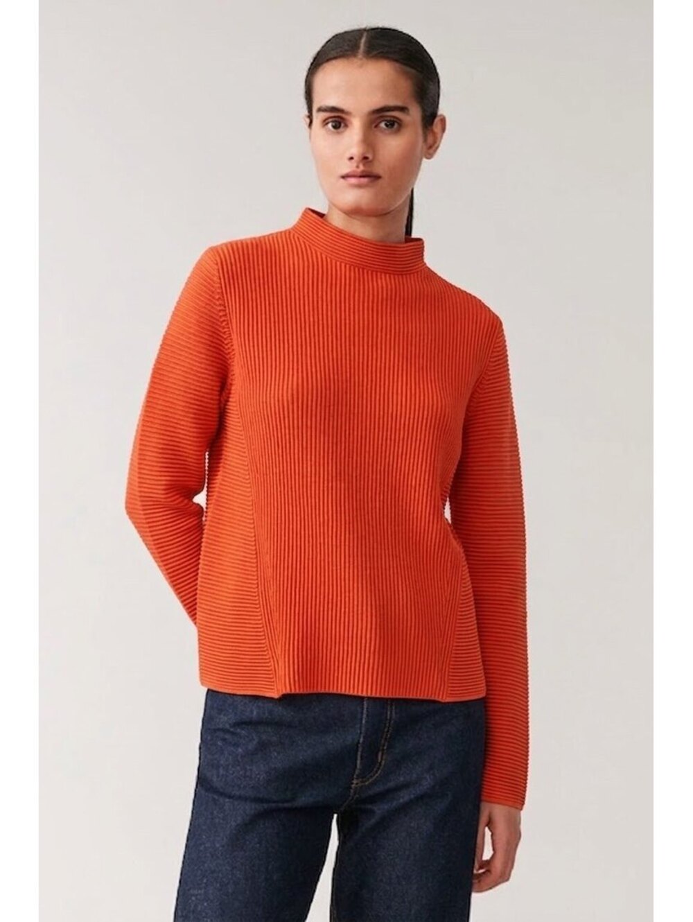 COS Orange Ribbed Mock Neck 100% Cotton Sweater Size Small